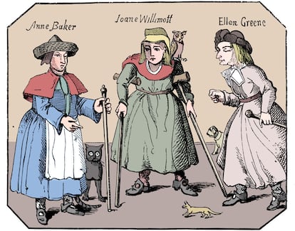 Anne Baker, Joanne Willimott y Ellen Greene fueron condenadas por brujería y quemadas en Lincoln en 1619. Ilustración de autor desconocido.