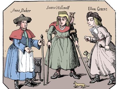 Anne Baker, Joanne Willimott y Ellen Greene fueron condenadas por brujería y quemadas en Lincoln en 1619. Ilustración de autor desconocido.