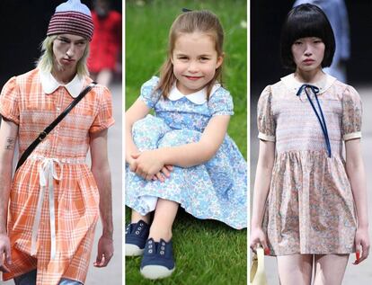 En el centro, Carlota de Cambridge con un vestido de flores; en los extremos, dos diseños de Gucci.