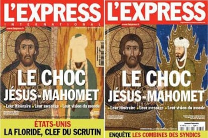 La dos portadas de 'L'Express': a la izquierda, la edición internacional, que se difunde en Marruecos, y donde el rostro de Mahoma aparece tapado; a la derecha, la portada de la edición francesa, que respeta la imagen original del siglo XVI.