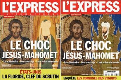 La dos portadas de 'L'Express': a la izquierda, la edición internacional, que se difunde en Marruecos, y donde el rostro de Mahoma aparece tapado; a la derecha, la portada de la edición francesa, que respeta la imagen original del siglo XVI.