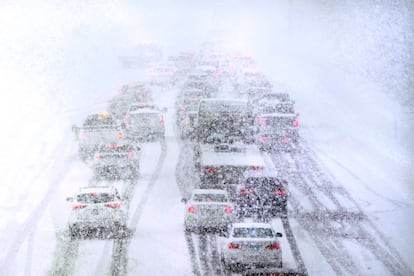 Traffic is stopped due to snowy weather conditions on Route 93 South, Tuesday, March 14, 2023