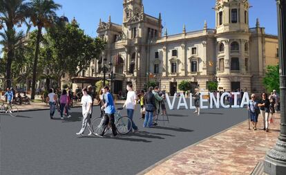 Imagen virtual de cómo quedaría la peatonalización de la plaza del Ayuntamiento de Valencia. (Ayuntamiento de Valencia)
