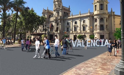 Imagen virtual de cómo quedaría la peatonalización de la plaza del Ayuntamiento de Valencia. (Ayuntamiento de Valencia)