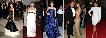 Han sido varios los años en los que Melania Trump no se ha perdido la famosa gala anual celebrada en el Met de Nueva York. Fiel a su estilo, siempre ha apostado por vestidos monocromáticos. De izquierda a derecha, sus estilismos en los años 2005, 2006, 2010, 2011 y 2012.