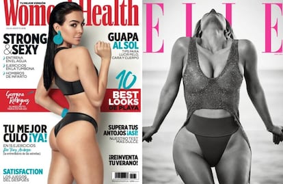 Georgina Rodríguez en portada de Women's Health el pasado verano y Kim Kardashian, en la de 'Elle USA' en marzo.