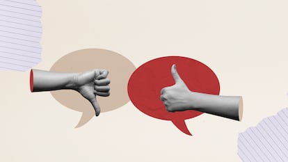 desacuerdo polarizacion Closeup view of human hands with thumb up and down gestures on a colored background