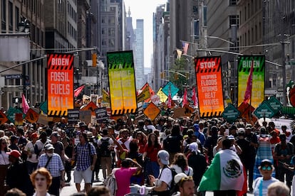 Climate activists march on Madison Avenue while protesting energy policy and the use of fossil fuels, in New York, Sunday, Sept. 17, 2023