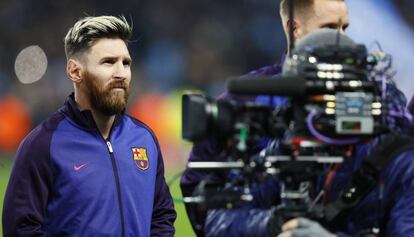 Messi, antes del partido ante el City en Manchester.