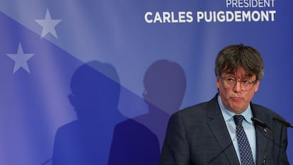 El 'expresident' catalán Carles Puigdemont, durante la rueda de prensa ofrecida el día 5 en Bruselas.