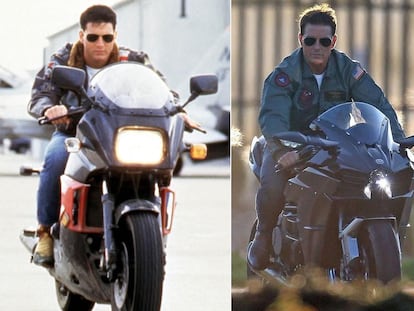 On the left, Tom Cruise in the original version of 'Top Gun' (1986). The actor reprised the role 32 years later in 'Maverick.'