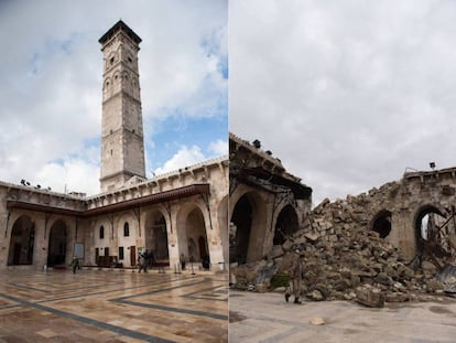 A la izquierda, la estructura de la Mezquita Omeya hace cuatro años. A la derecha, en la actualidad (ver galería pinchando sobre la foto).