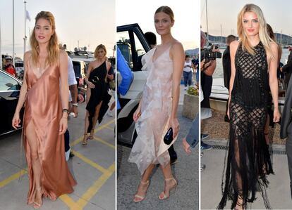 De izquierda a derecha: las modelos Doutzen Kroes, Constance Jablonski y Lily Donaldson a su llegada al puerto de Saint Tropez, al sur de Francia.