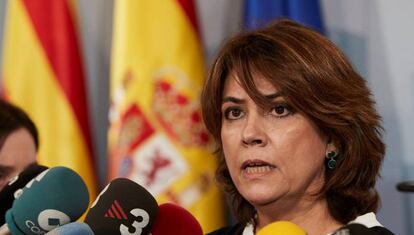 La ministra de Justicia, Dolores Delgado, tras reunirse con la cúpula judicial y fiscal de Cataluña y trasladarles el apoyo del Gobierno.