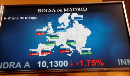 Panel informativo con los valores de la Prima de Riesgo de los principales países europeos, este lunes.