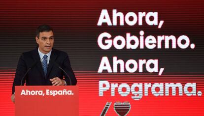 Pedro Sánchez, durante su intervención en el acto de presentación del programa electoral de su partido para las elecciones del 10 de noviembre