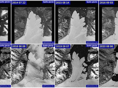 A combination picture shows satellite images of the Spalte glacier disintegration between 2013 and 2020. EU Copernicus and GEUS/Handout via REUTERS NO RESALES. NO ARCHIVES. THIS IMAGE HAS BEEN SUPPLIED BY A THIRD PARTY. MANDATORY CREDIT