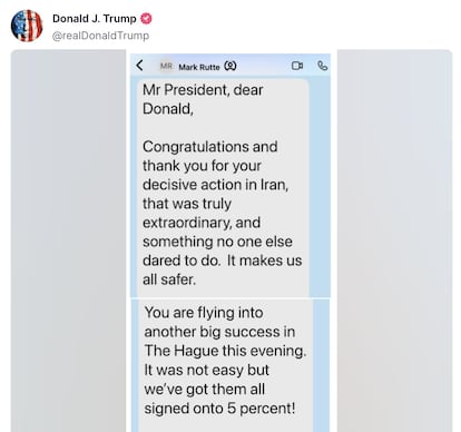Captura del mensaje enviado por Mark Rutte, secretario de la OTAN, y que después difundió Donald Trump, el martes.