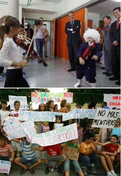 El presidente Francisco Camps y el consejero Alejandro Font de Mora, ayer en el colegio El Murtal de Benidorm. Abajo, protestas de alumnos y padres en el colegio Miguel Hernández de Orihuela.