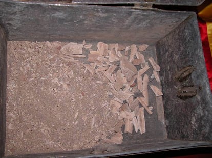 The supposed bones of Christopher Columbus, as found in 2003 in Seville Cathedral. 