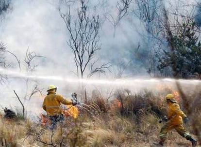 Bomberos en las tareas de extinción de incendios en la provincia de Córdoba, en Argentina