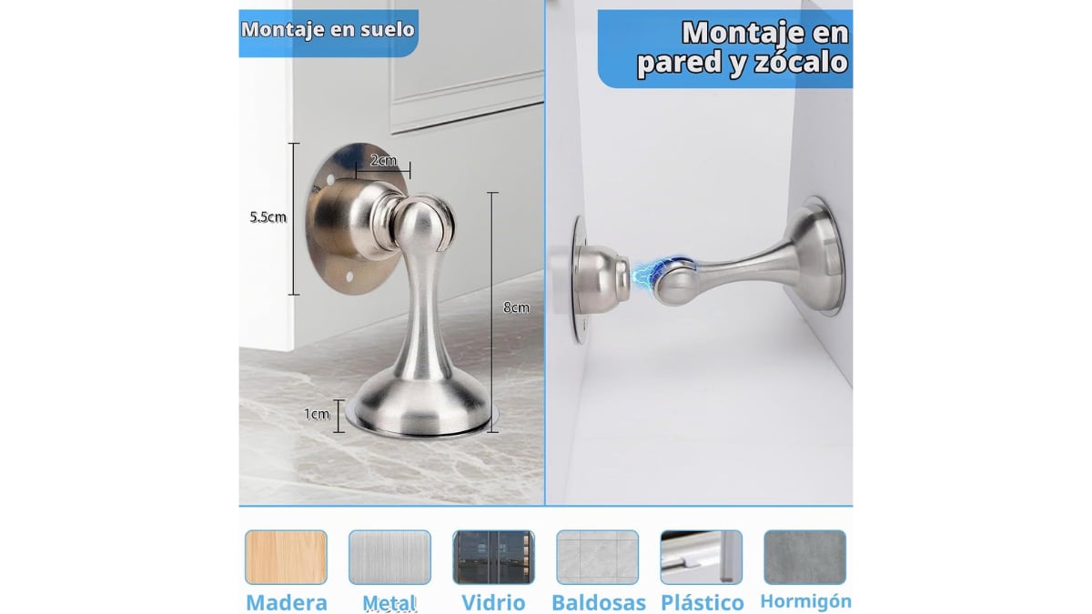 Su sistema de montaje permite fijar el tope con adhesivo o mediante tornillos ocultos.