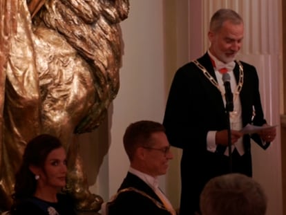 La reina Letizia no puede contener la sonrisa al ver como Felipe VI pronuncia su discurso en finés