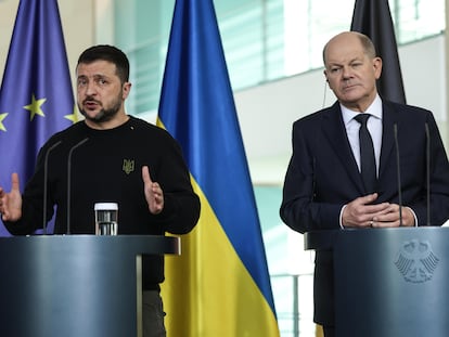 German Chancellor Olaf Scholz (R) and Ukraine's President Volodymyr Zelensky (L) attend a press conference in Berlin, Germany, 16 February 2024.