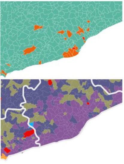 Arriba, los municipios metropolitanos ganados por Junts pel Sí (verde) y Ciudadanos (naranja) el 27-S, comparado con el lila predominante en las generales.