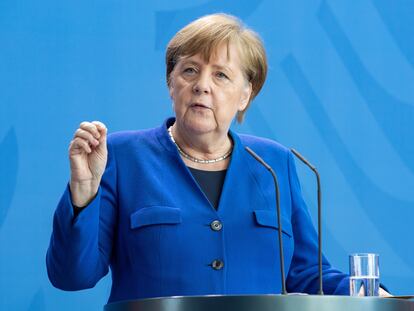 Angela Merkel, chanceler alemã, durante pronunciamento no dia 20 de abril.