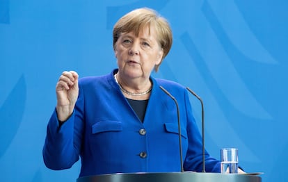 Angela Merkel, chanceler alemã, durante pronunciamento no dia 20 de abril.