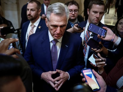 U.S. House Speaker Kevin McCarthy speaks with reporters after opening the House floor at the U.S. Capitol in Washington, on September 18, 2023.