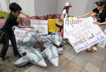 Una activista tailandesa escenifica la matanza de de delfines en una protesta contra la caza anual de estos animales en Taiji, frente a la embajada japonesa en Bangkok. EFE/Archivo