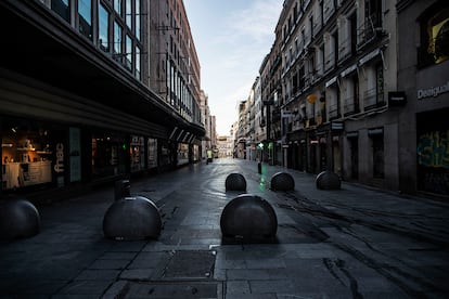 Preciados street in Madrid, normally packed with shoppers and tourists, deserted under the lockdown.