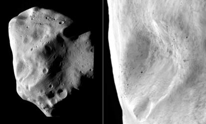 Imágenes de Lutetia tomadas por la nave espacial 'Rosetta' durante su maniobra de sobrevuelo: vista general (izquierda) y detalle (derecha)