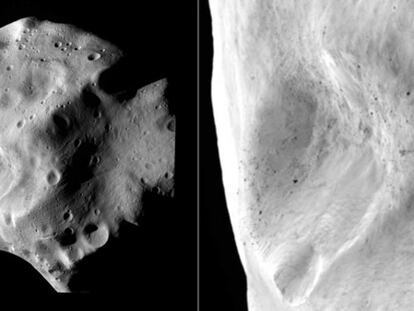 Imágenes de Lutetia tomadas por la nave espacial 'Rosetta' durante su maniobra de sobrevuelo: vista general (izquierda) y detalle (derecha)