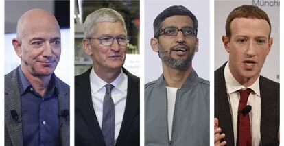 Los CEO de Amazon, Jeff Bezos; Apple, Tim Cook; Alphabet, Sundar Pichai, y Facebook, Mark Zuckerberg.