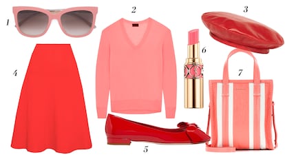 1. Boss Hugo Boss Gafas de sol rosa chicle 2. J. Crew Jersey con escote en pico 3. Gucci Boina de cuero 4. Victoria Beckham Falda con vuelo 5. Miu Miu Bailarinas con lazada 6. Yves Saint Laurent Labial Rouge Volupté 7. Balenciaga Bolso de piel a rayas.