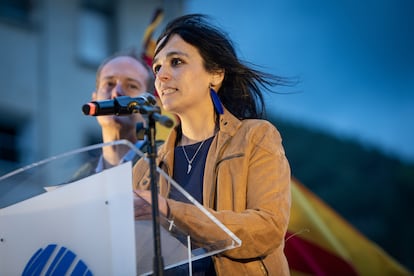 La líder de Aliança Catalana, Sílvia Orriols, en un mitin de la formación el 27 de abril en Ripoll (Girona), el municipio del que es alcaldesa.