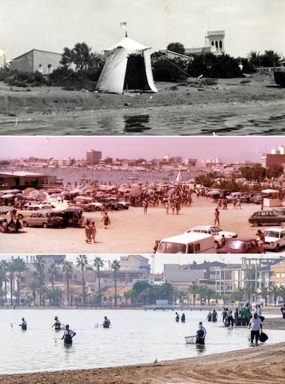 Above, Villananitos beach during the 1920s. Center, the 1970s tourism boom. Below, the same beach last Monday, when workers from the Murcia region collected tons of dead fish along the coast of San Pedro del Pinatar.