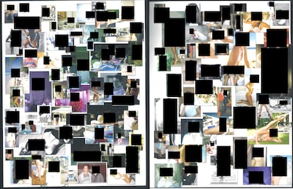 Composición con uno de los collages con fotografías de mujeres incluidos en el cuaderno de cumpleaños de Epstein.