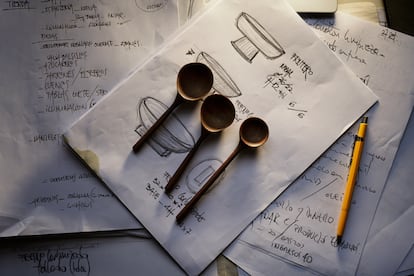 Walnut spoons made by the Sangiovanni-Lorenzo family’s co-op. The one in the middle and the one on the left are the first ones they made, while the one on the right is the kind that they make now.