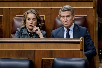 La secretaria general del Partido Popular, Cuca Gamarra, y el presidente del PP, Alberto Núñez Feijóo, este miércoles en el Congreso.