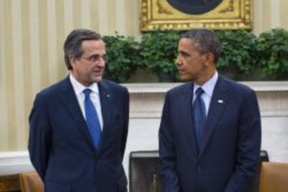 El presidente estadounidense, Barack Obama (d), y el primer ministro de Grecia, Antonis Samaras el jueves 8 de agosto de 2013.