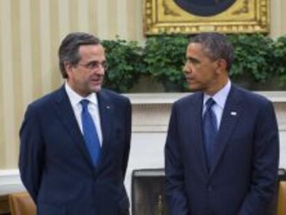 El presidente estadounidense, Barack Obama (d), y el primer ministro de Grecia, Antonis Samaras el jueves 8 de agosto de 2013.