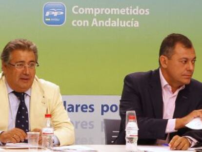 Zoido, Sanz y Corredera, ayer, en el comit&eacute; de direcci&oacute;n del PP andaluz..