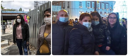 Yoselín, en abril, en la cola en la que luego se convirtió en voluntaria "para devolver el favor", y en diciembre con su familia en Sol, sin mascarilla para la foto.