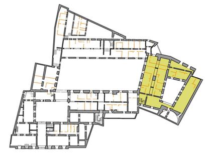 En amarillo, parte este del palacio que se está remodelando, ubicada detrás de los portales 12,10 y 8 de la calle del Duque de Alba.