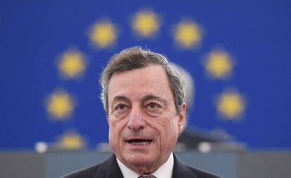 El presidente del BCE, Mario Draghi, el 15 de enero en Estrasburgo, en la celebración del vigésimo aniversario del euro.