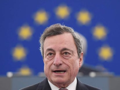 El presidente del BCE, Mario Draghi, el 15 de enero en Estrasburgo, en la celebración del vigésimo aniversario del euro.